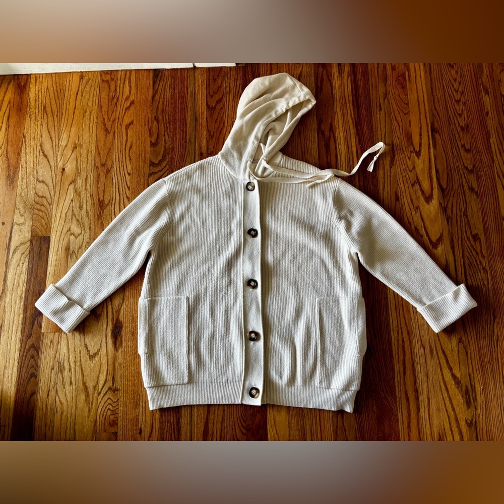 Mango Cream Ribbed Knit Hoodie Cardigan - Small